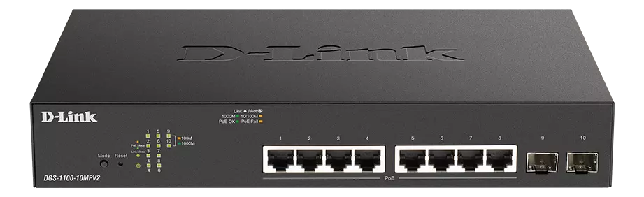 D-LINK nettverksswitch, 8xRJ45, 2xSFP, PoE plus, Gigabit, black/sølv DGS-1100-10MPV2/E