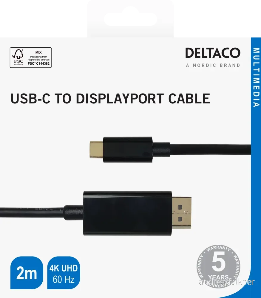 DELTACO USB-C - DisplayPort cable, 4K UHD, gold plated, 2m, black 140015