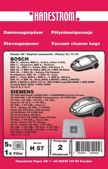 HANESTRÖM Dammsugarpåsar BOSCH BBS6,7,8 SIEM VS32,42 H57