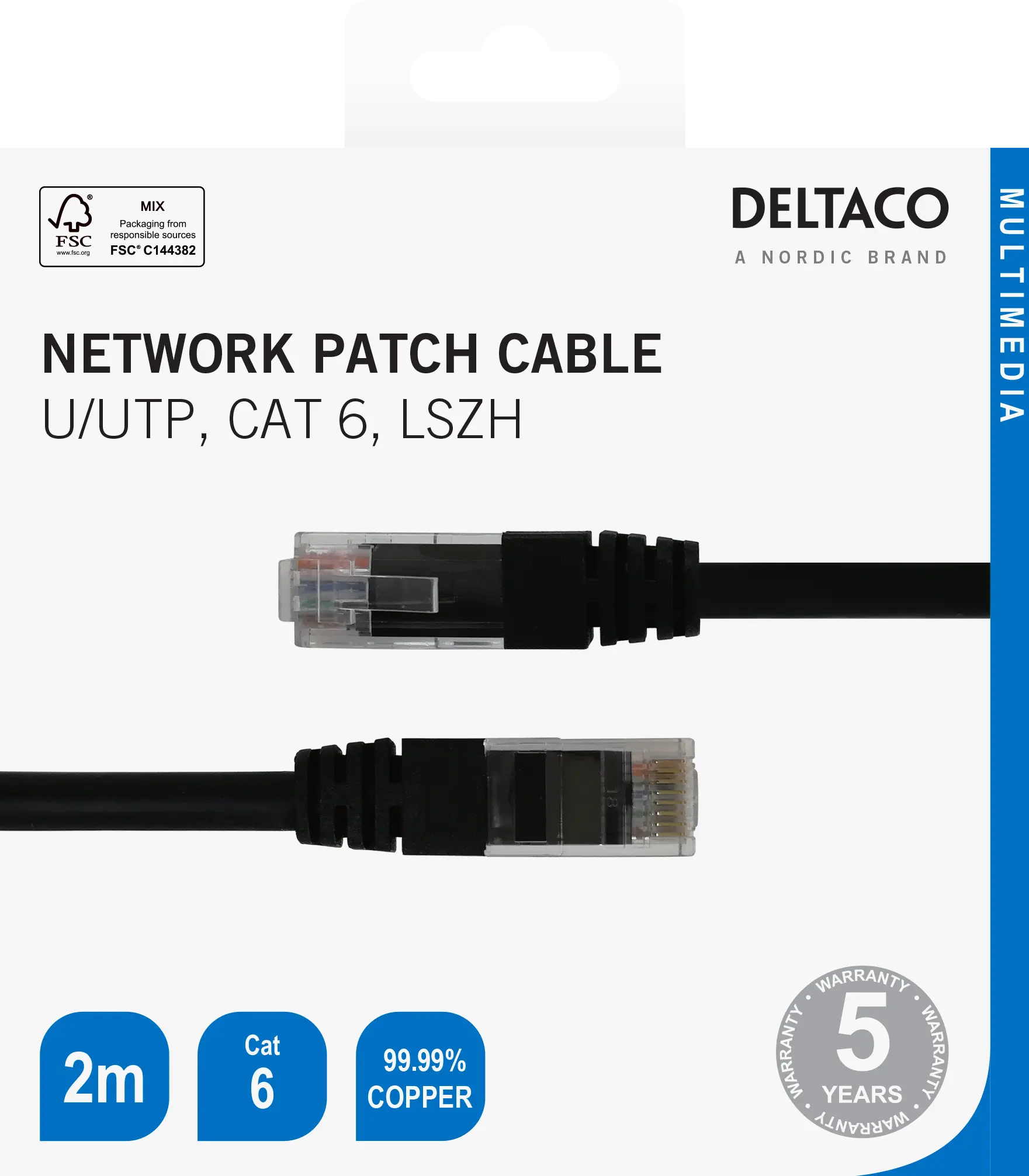 DELTACO Cat6 Network cable, 2m, black 210008