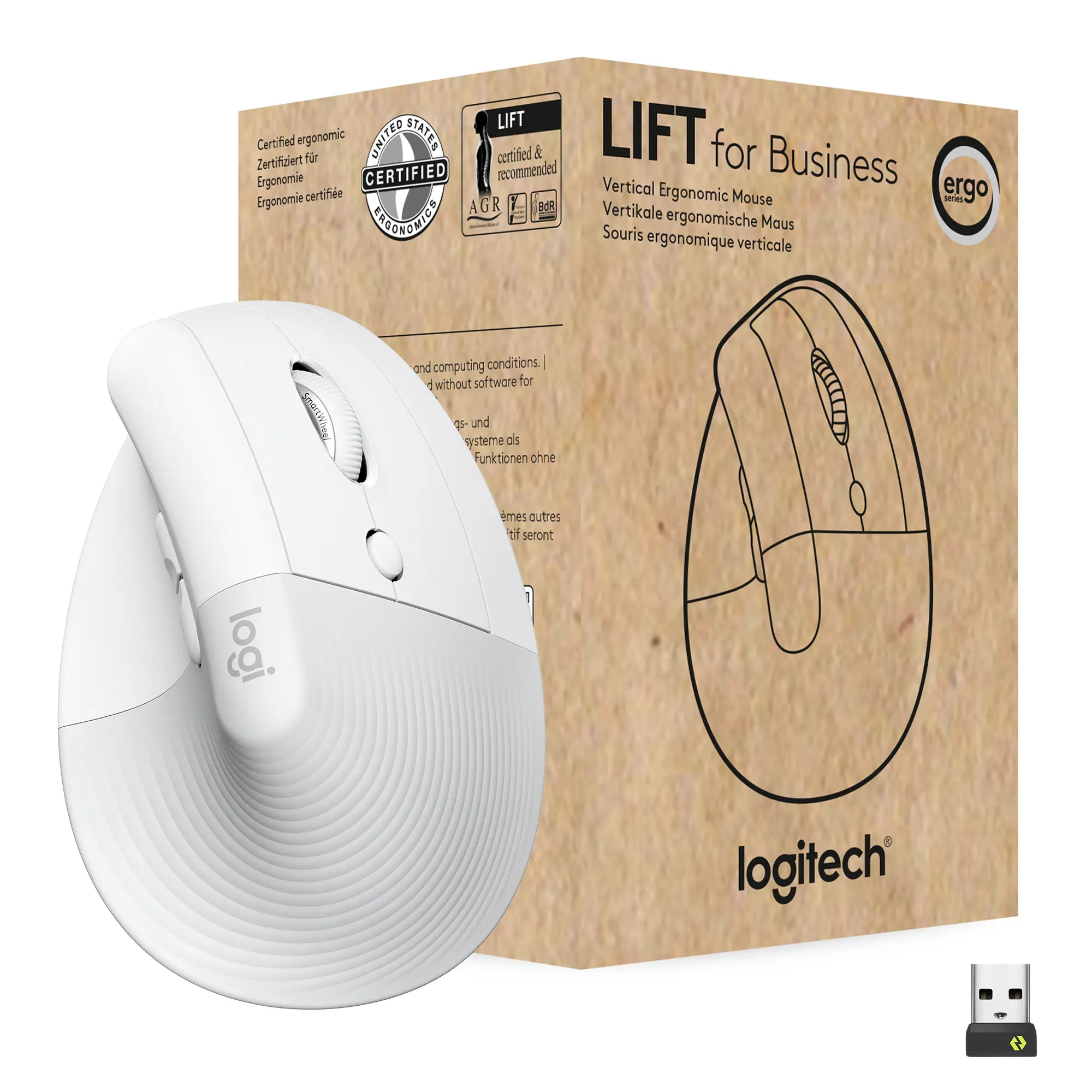 LOGITECH Lift Vertikal Business mus (off-white) Ergonomisk, Bluetooth/Logi Bolt USB-mottaker, 4000 dpi, 4 knapper 910-006496