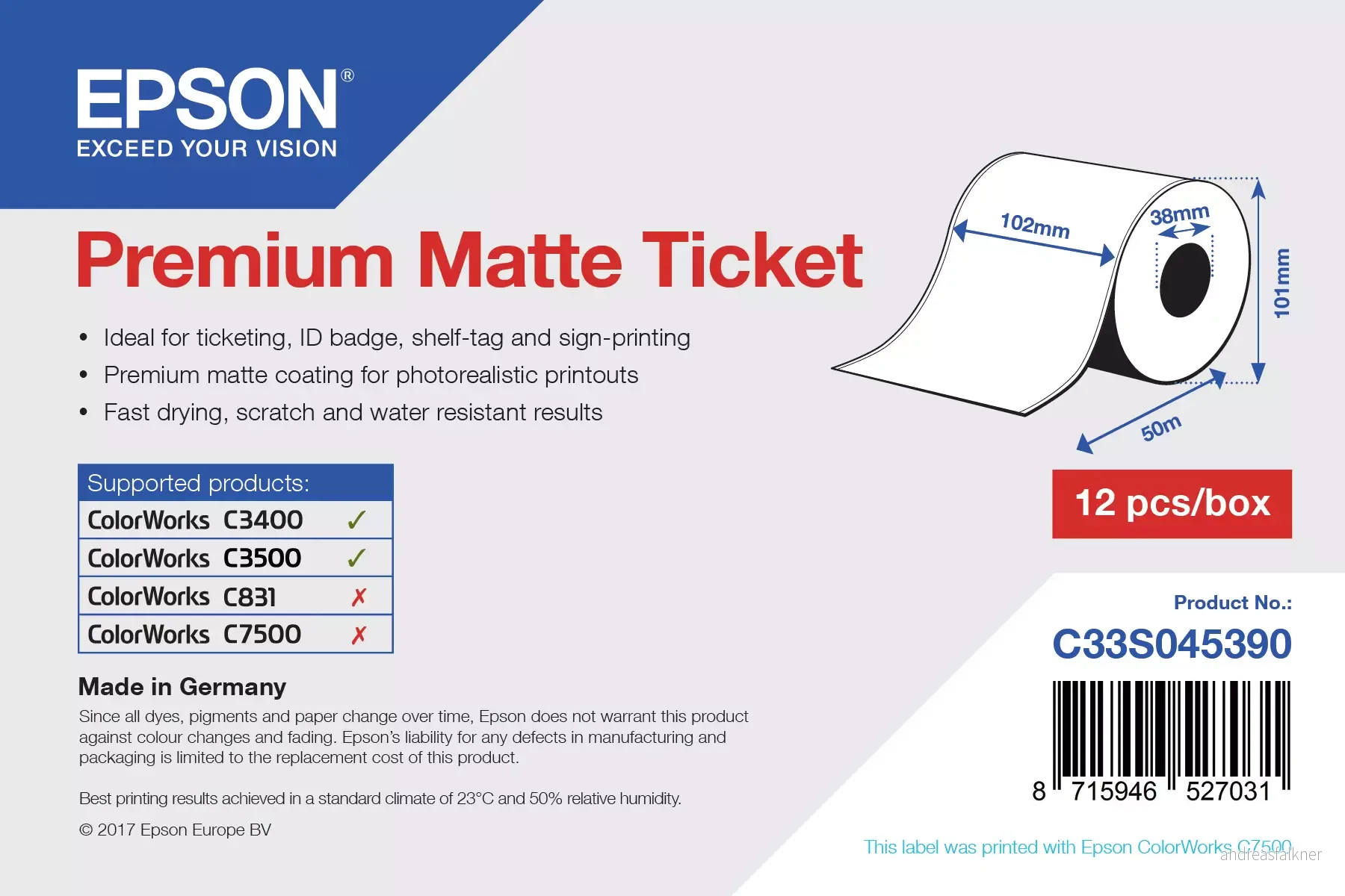 EPSON Label/Prem Matte Ticket Roll 102mmx50m C33S045390