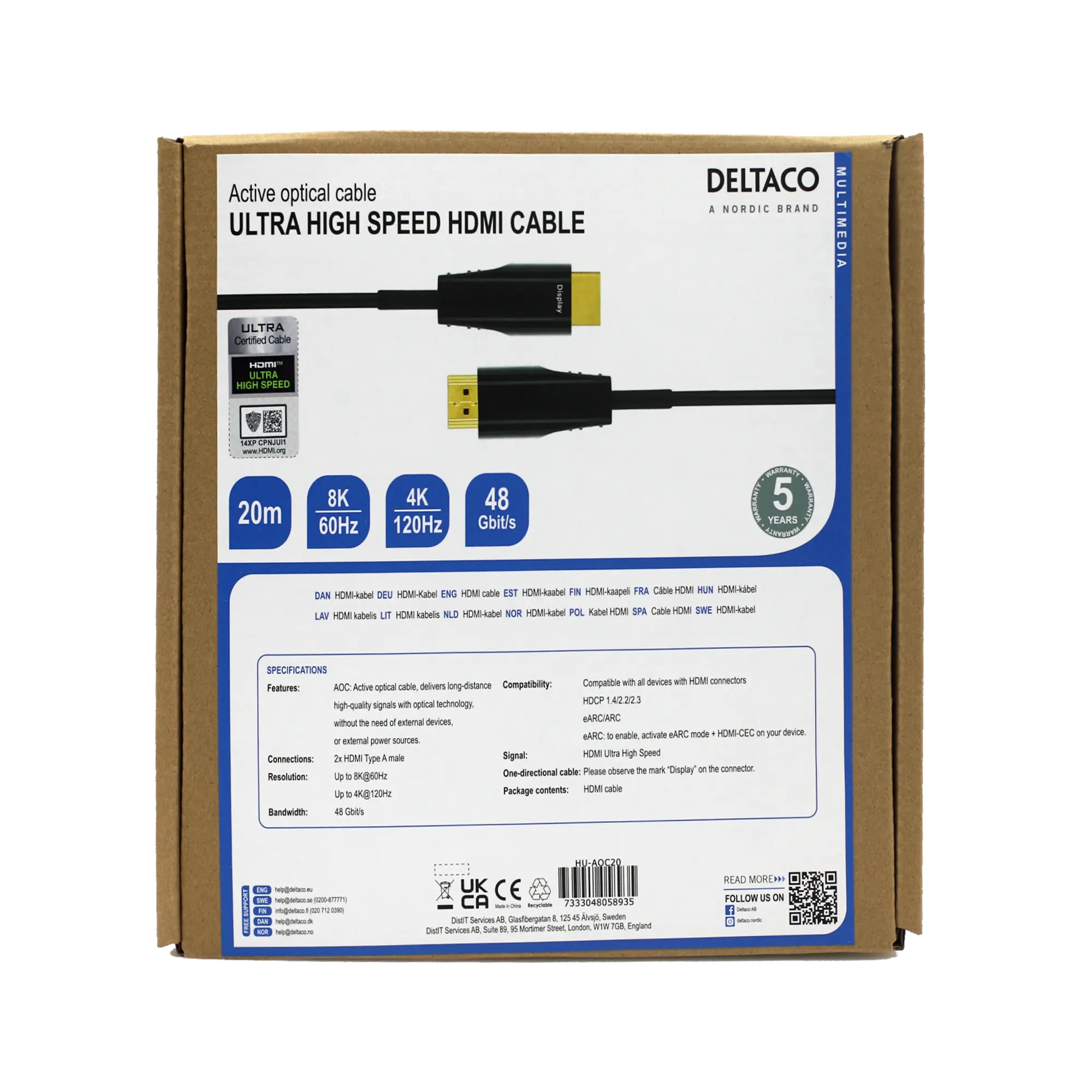 DELTACO ULTRA High Speed HDMI-cable, 48Gbps, 20m, black, AOC HU-AOC20