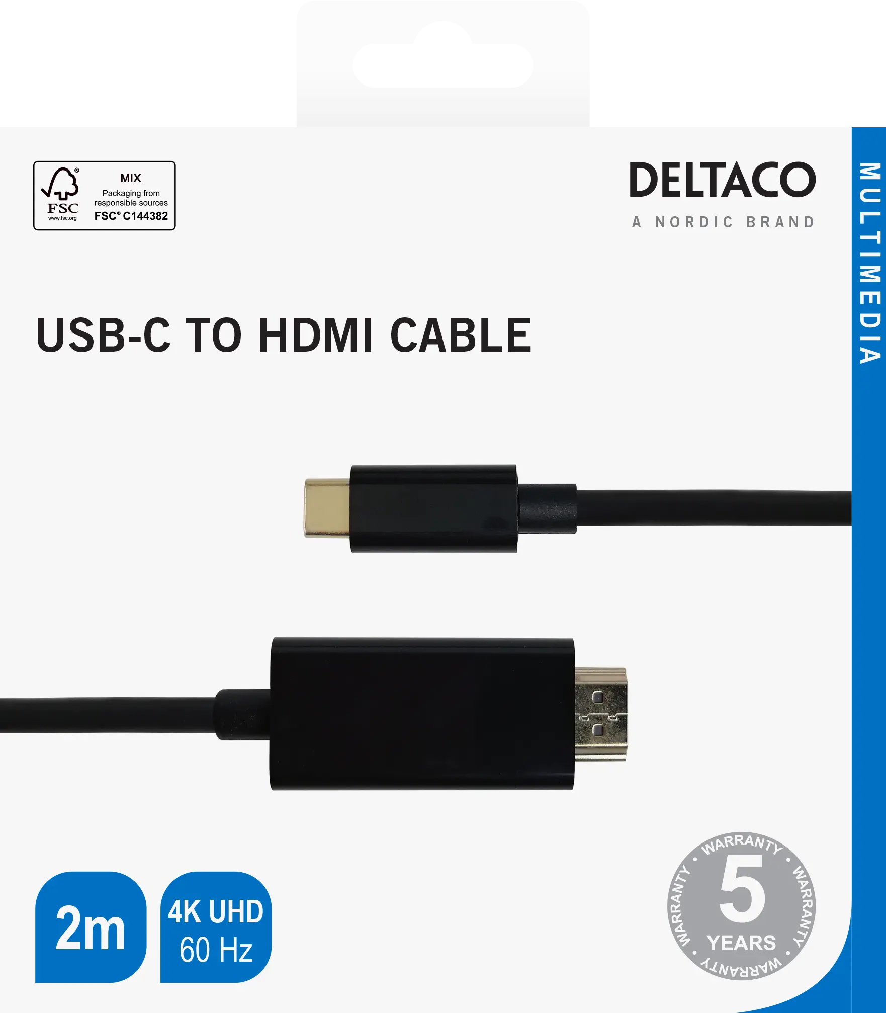 DELTACO USB-C - HDMI cable, 4K UHD, gold plated, 2m, black 140021