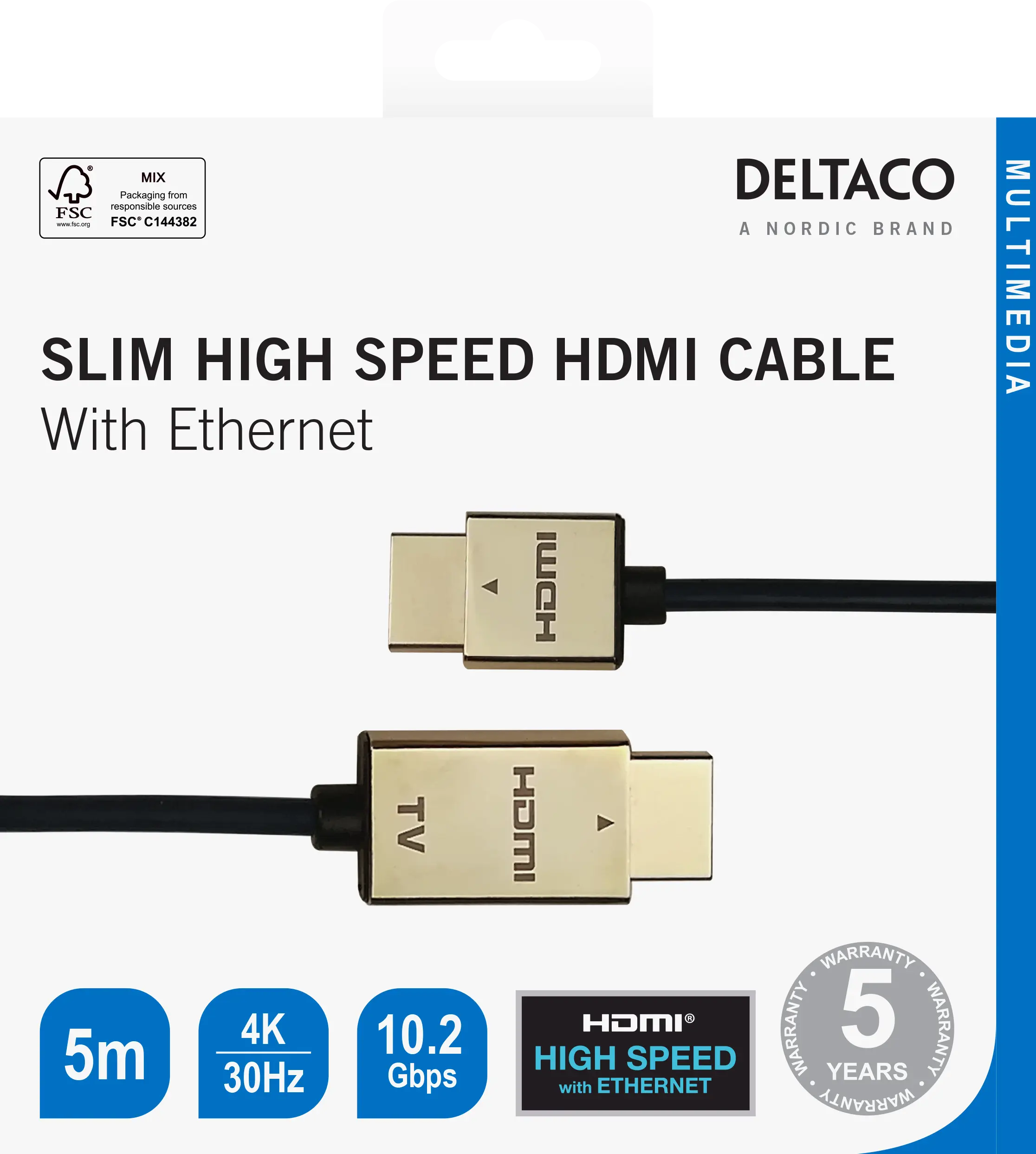 DELTACO Ultra-thin HDMI cable, 4K UHD, 5m, black/gold 100013