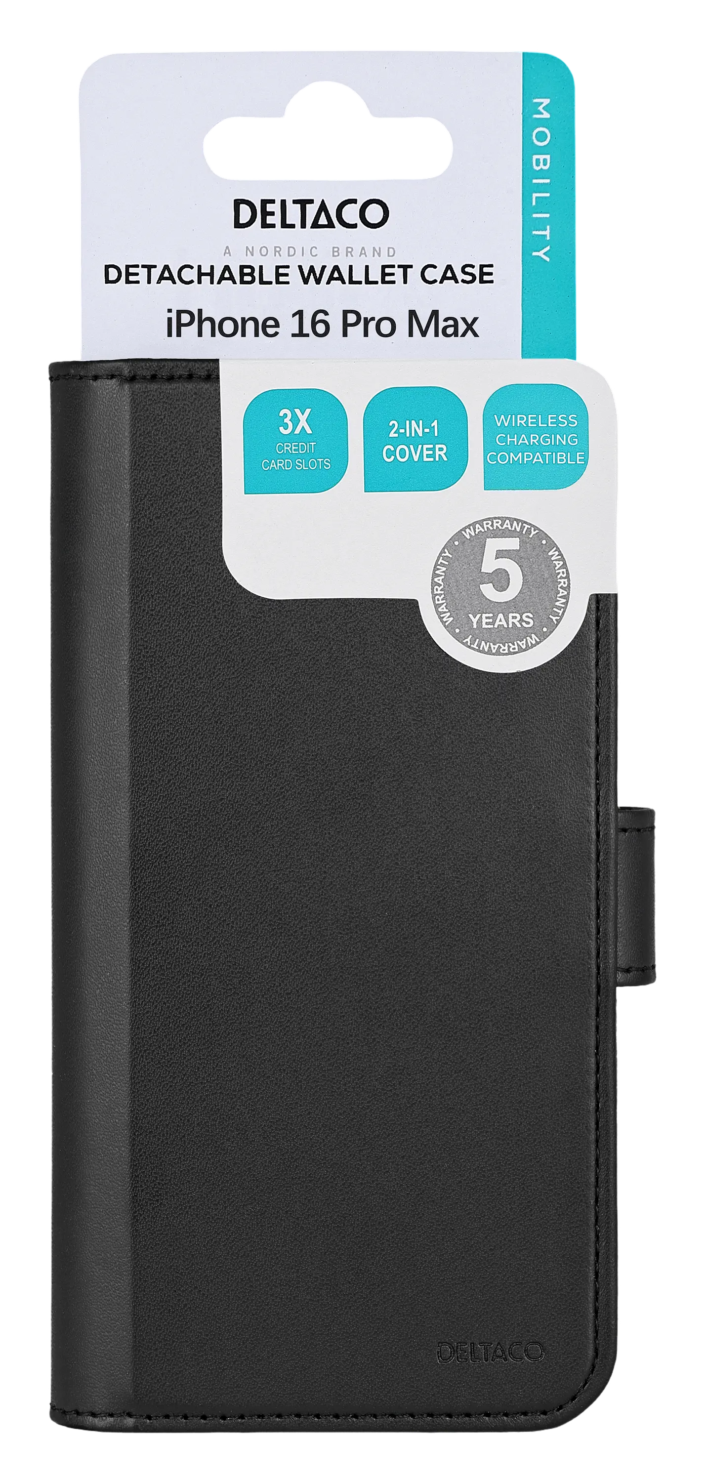 DELTACO Wallet case, 2-in-1, iPhone 16 Pro Max, magnetic cover,black MCASE-WIP16P69