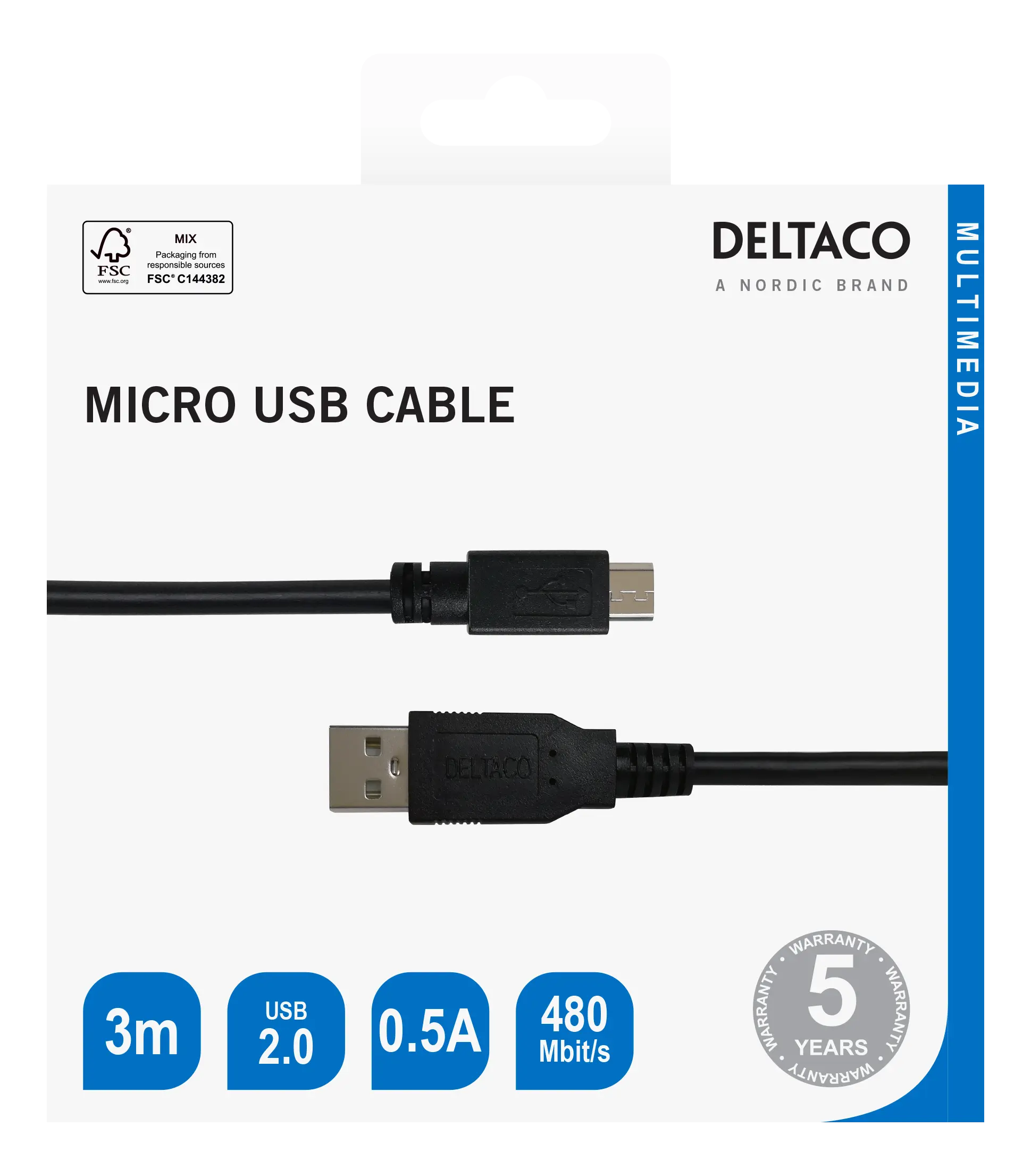DELTACO USB 2.0 Micro B cable, 2.4A, 3m black 140010