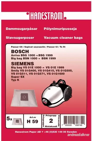 HANESTRÖM Dammsugarpåsar BOSCH ARRIVA, SIEMENS SMILY H59