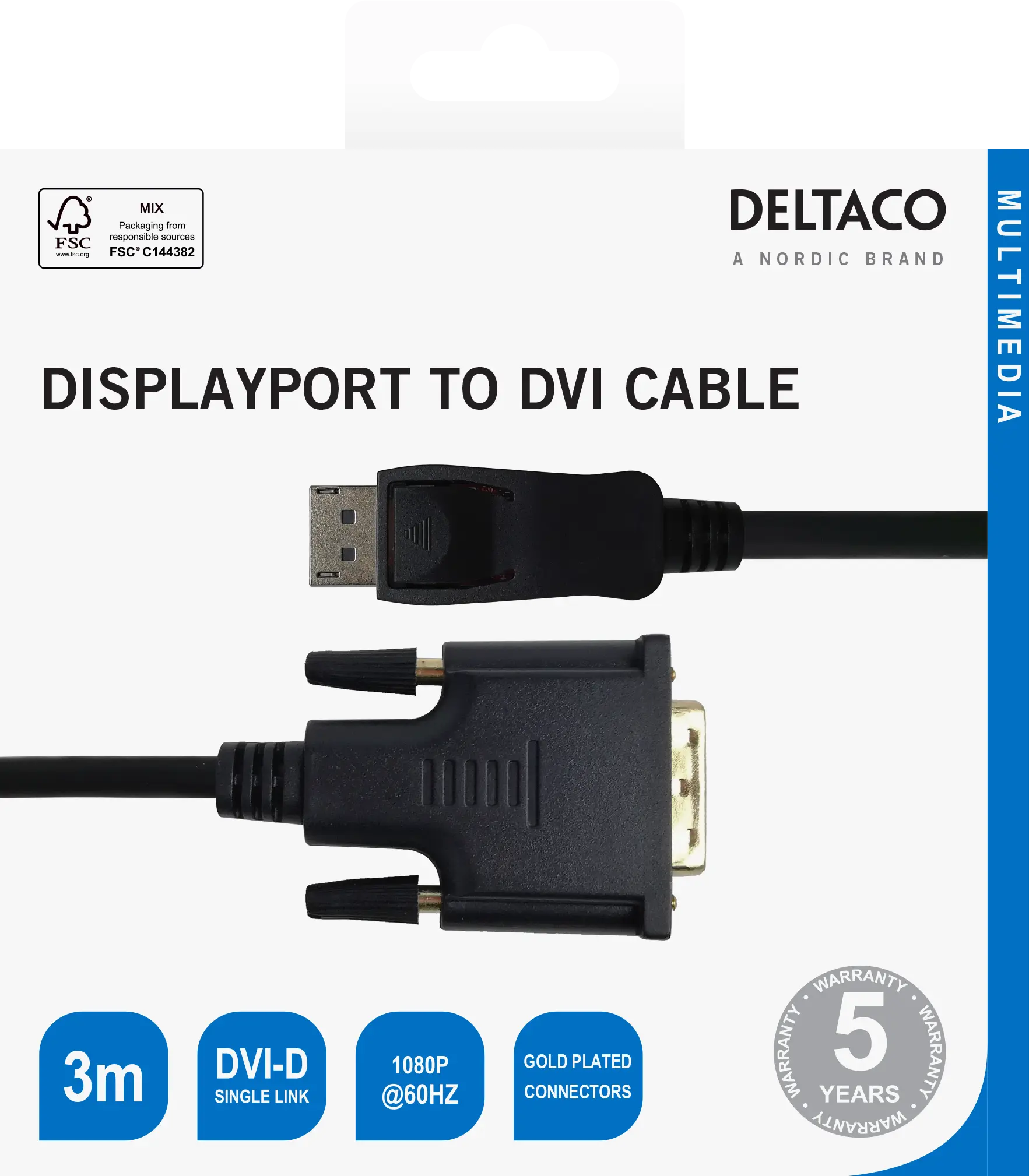 DELTACO DisplayPort - DVI-D Single Link cable, 1080p 60Hz, 3m, black 110010
