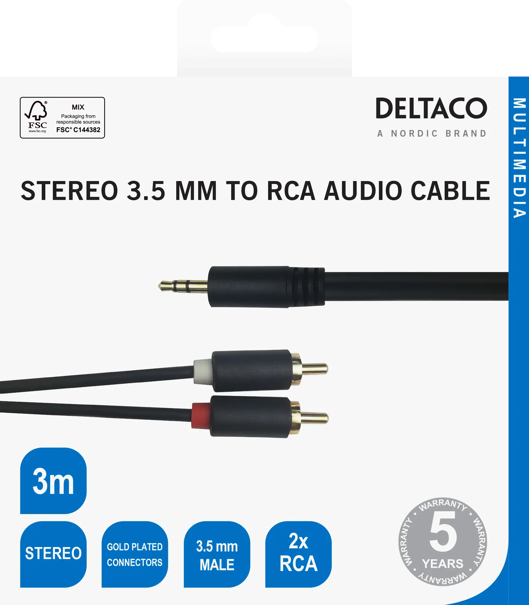 DELTACO Audio cable, 3.5mm male - 2xRCA male 3m, black 180005