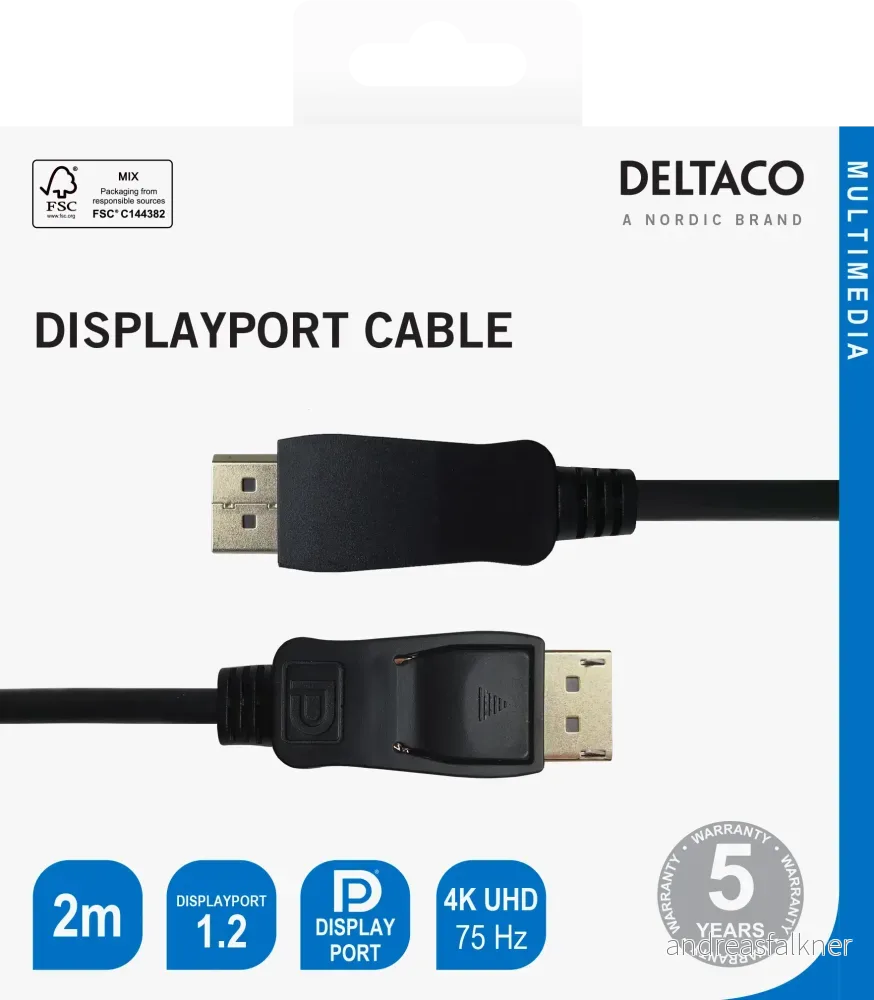 DELTACO DisplayPort cable, 4K UHD, 21.6 Gb/s, 2m, black 110002
