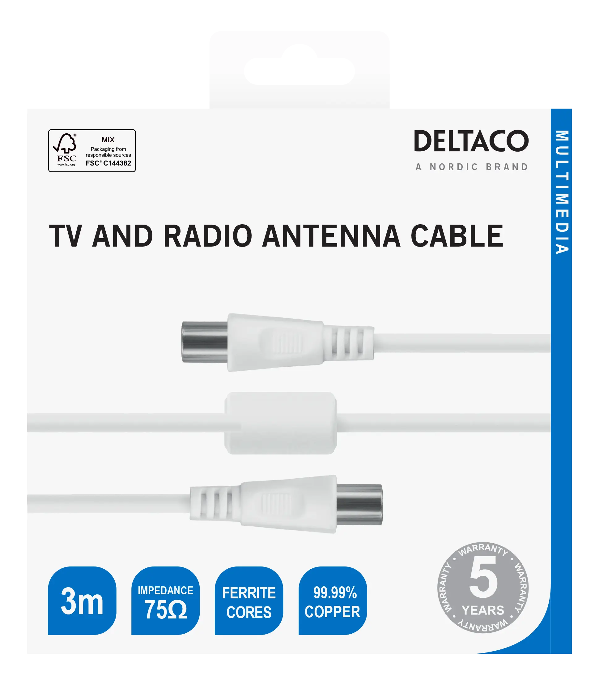 DELTACO Antenna cable, 75 Ohm nickel-plated connectors, 3m, white 150003