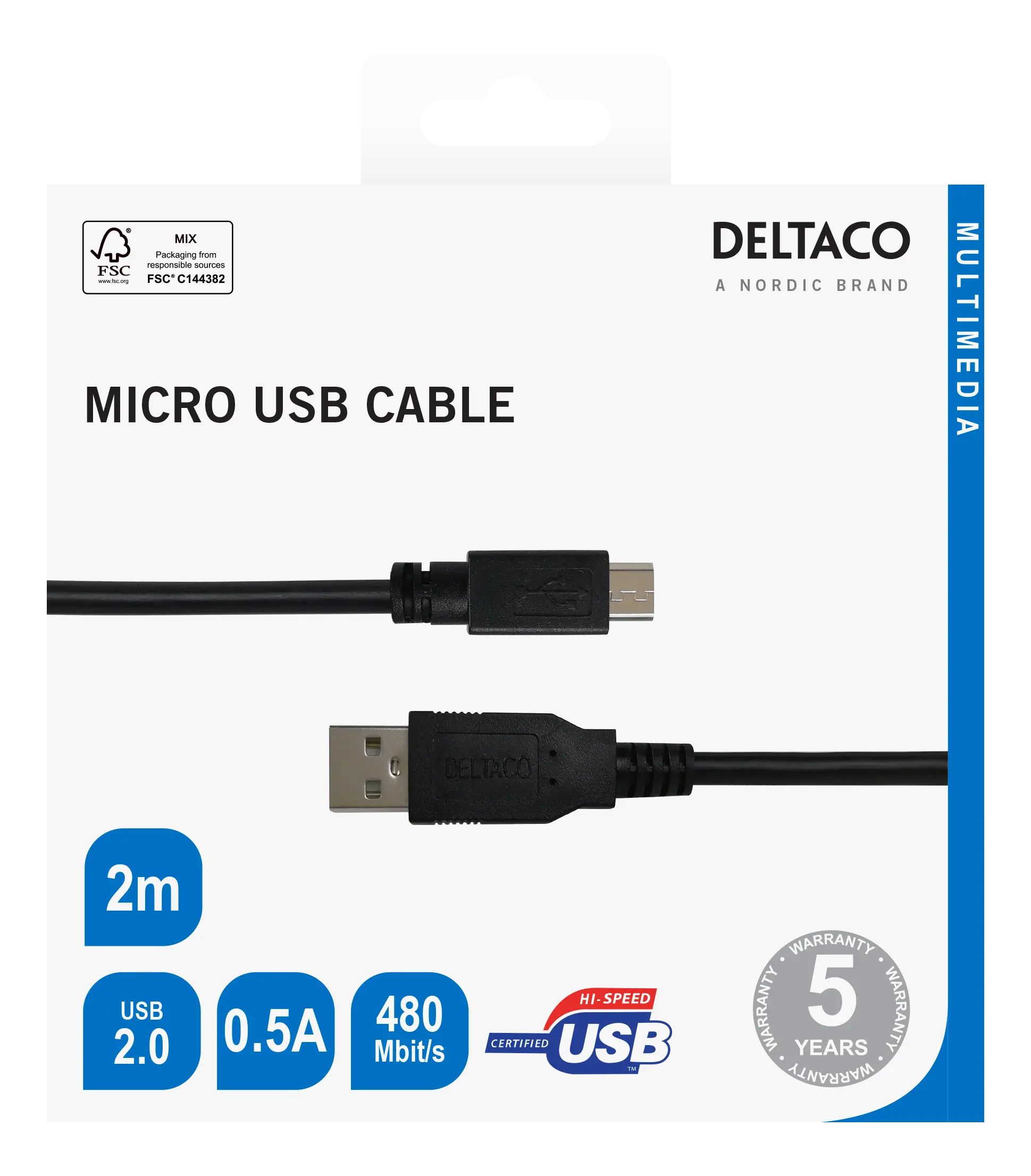 DELTACO USB 2.0 Micro B cable, 2.4A, 2m black 140009