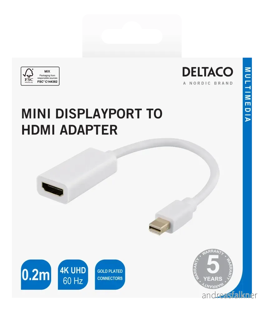 DELTACO HDMI - miniDisplayPort adapter, 4K UHD 60Hz, 0.2m, white 110025