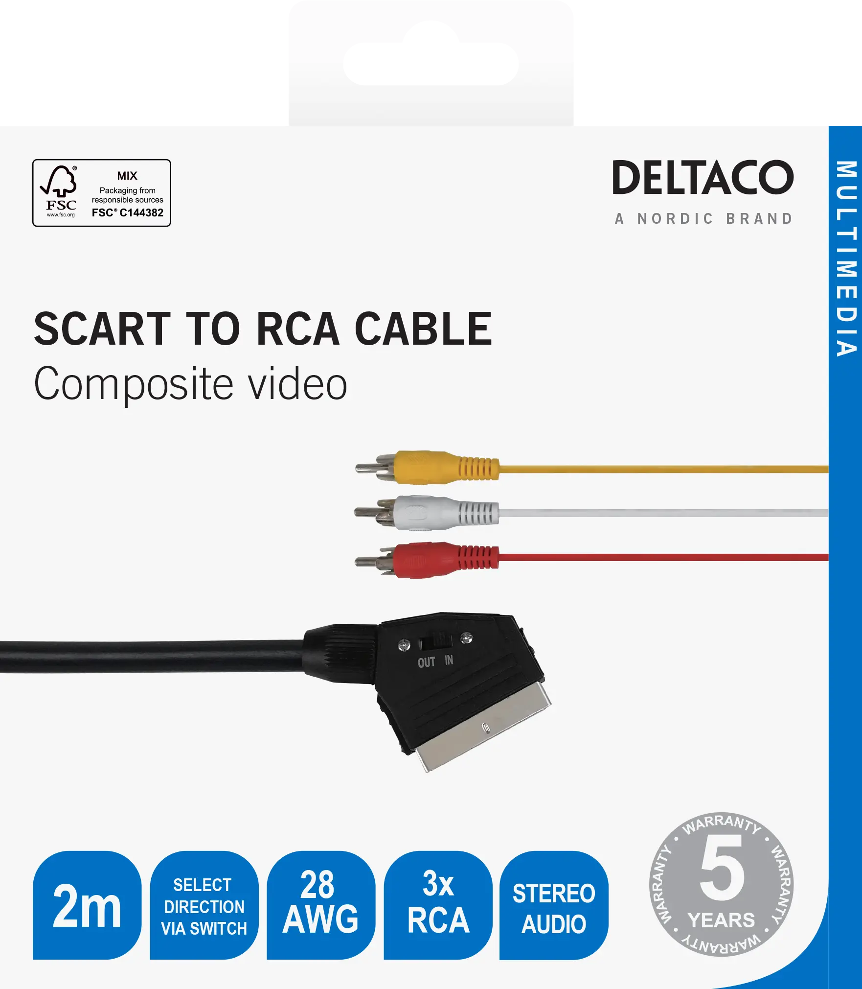 DELTACO SCART for Composite video, with switch, 2m, black 220001