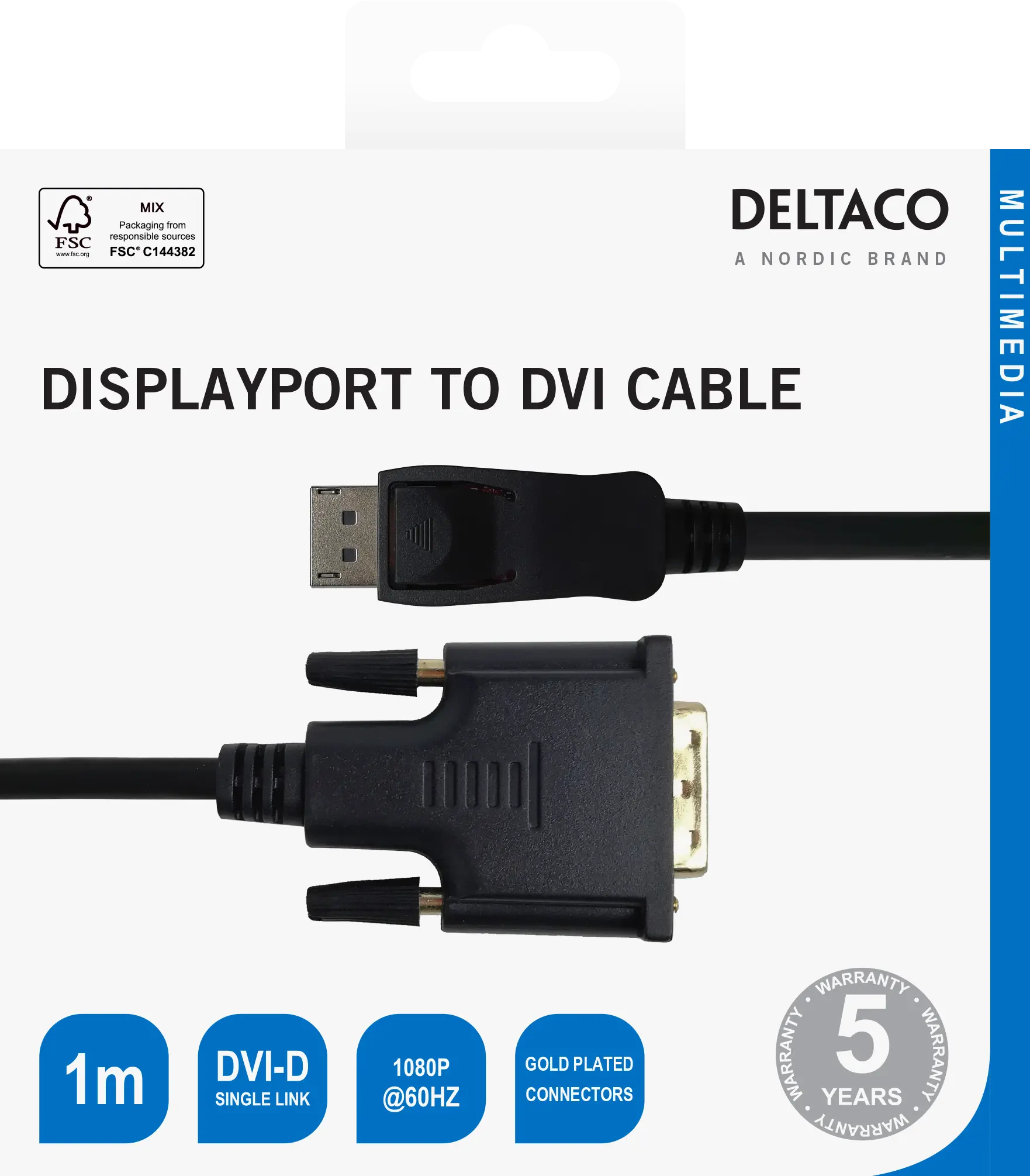 DELTACO DisplayPort - DVI-D Single Link cable, 1080p 60Hz, 1m, black 110008