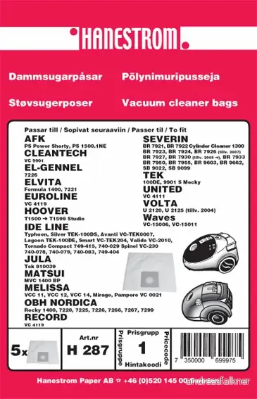 HANESTRÖM Dammsugarpåsar IDE LINE TYPHOON,MELISSA VCC12 H287