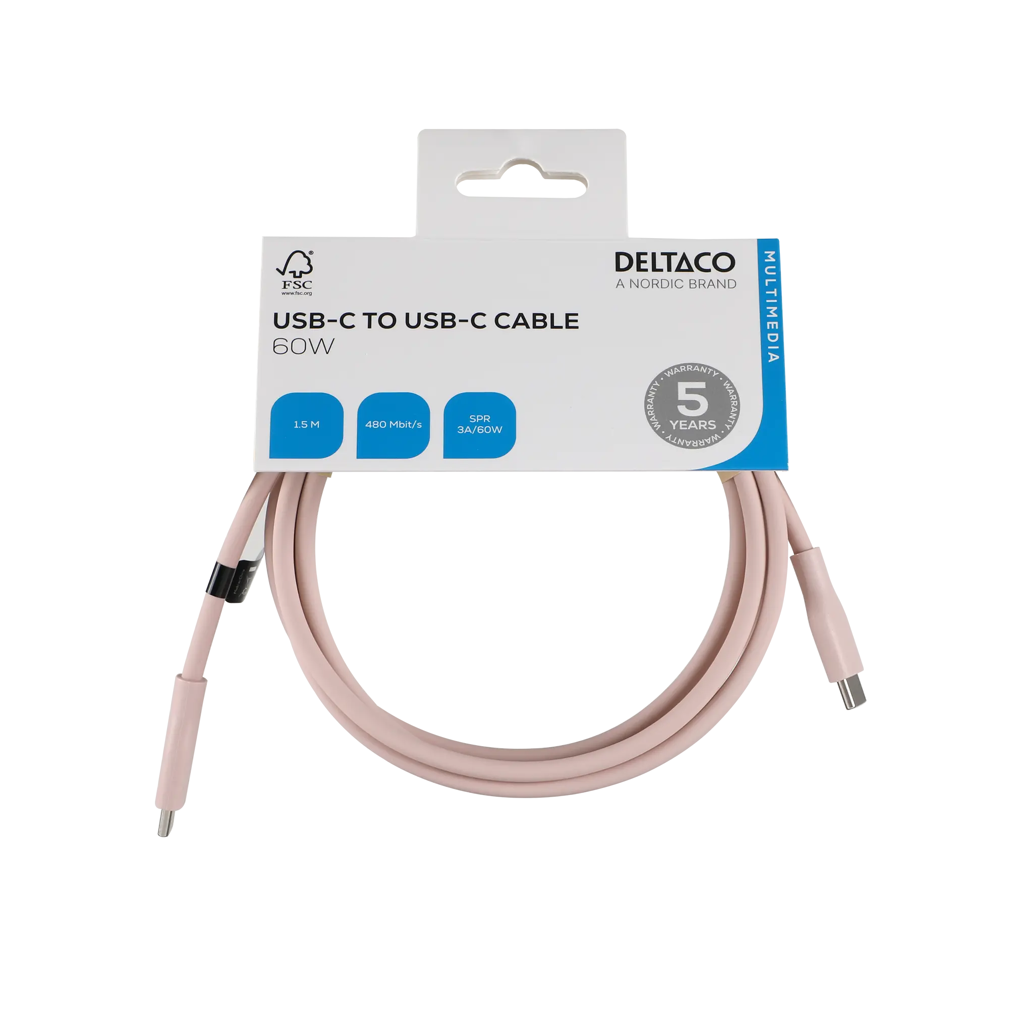 DELTACO USB-C - C USB2.0 SPR Cable, silicone, 1,5m, Pink USBC-2015PI