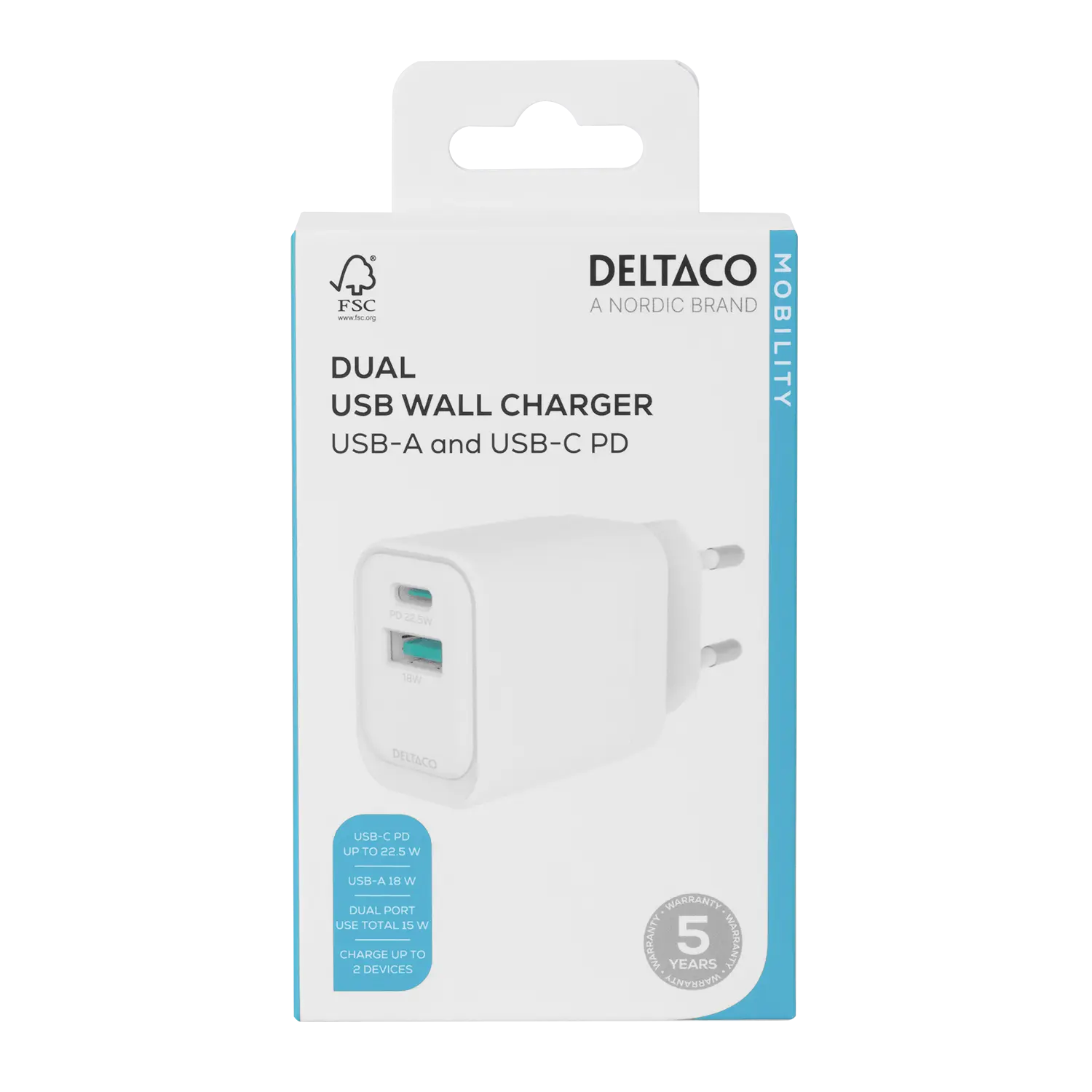 DELTACO USB wall charger, 1x USB-A 18 W, 1x USB-C PD 20 W, white USBC-AC154 DELTACO USB wall charger, 1x USB-A 18 W, 1x USB-C PD 20 W, white USBC-AC154