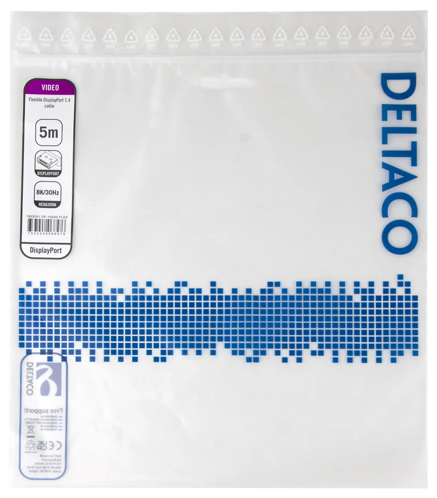 DELTACO DisplayPort DP1.4 Flex cable, 5M, black DP-1050D-FLEX