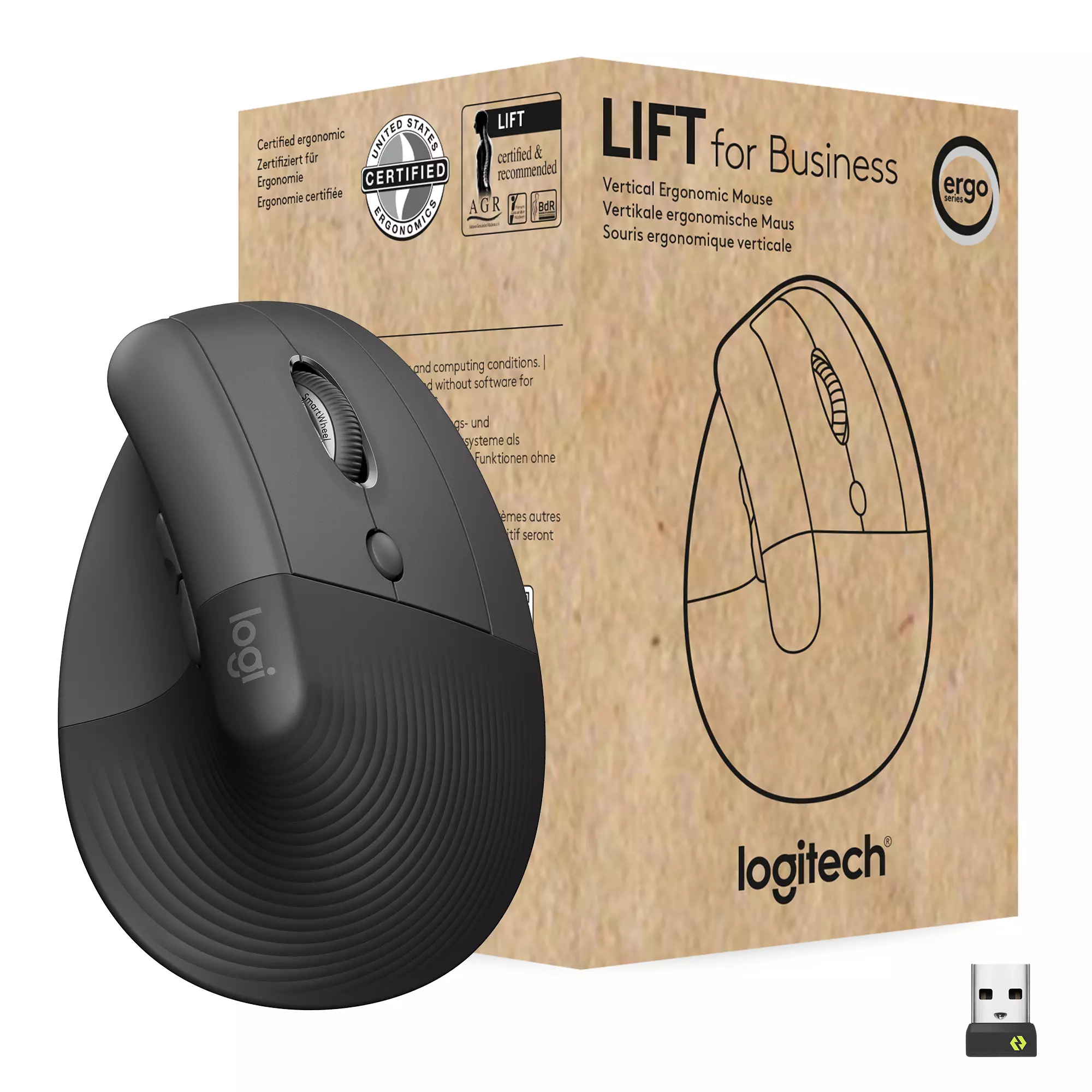 LOGITECH Lift Vertikal Business mus (graphite) Ergonomisk, Bluetooth/Logi Bolt USB-mottaker, 4000 dpi, 4 knapper 910-006494