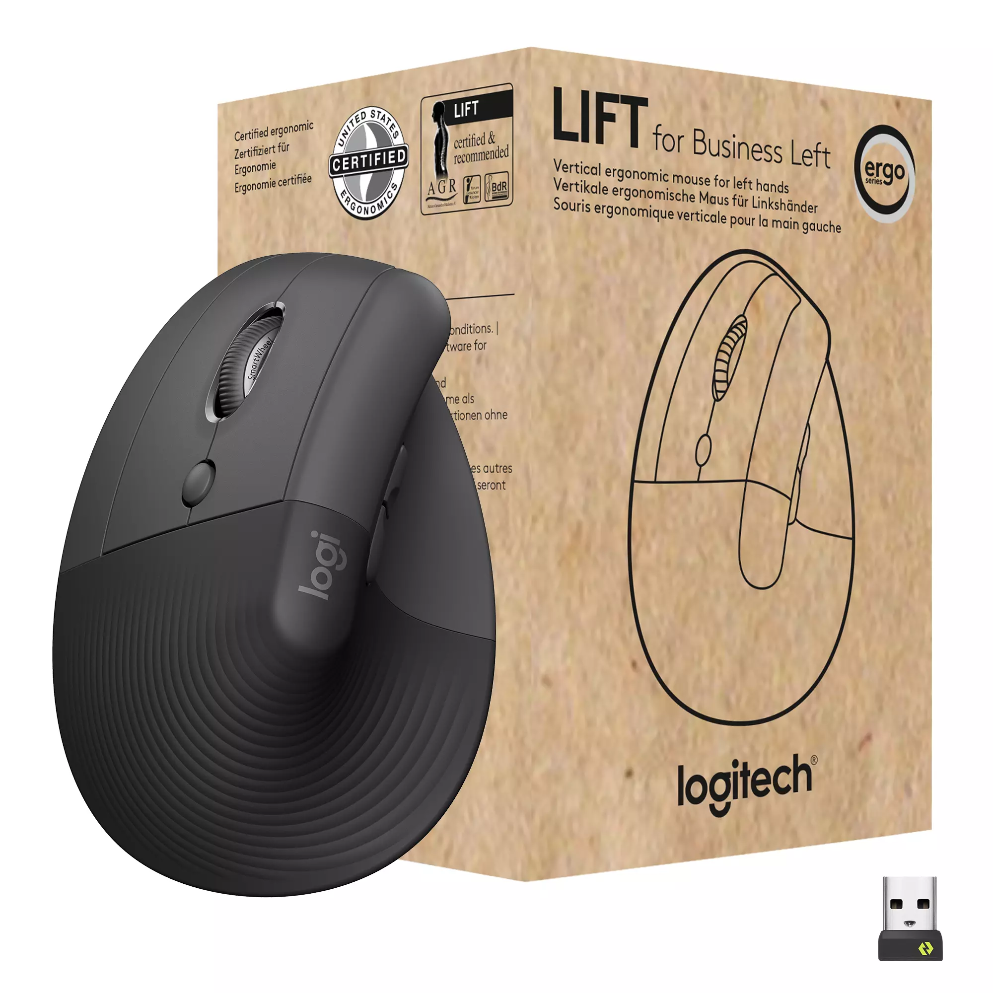 LOGITECH Lift Vertikal Business Venstre mus (graphite) Venstrehendt, Ergonomisk, Bluetooth/Logi Bolt USB-mottaker, 4000 dpi, 4 knapper 910-006495
