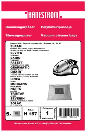 HANESTRÖM Dammsugarpåsar ELRAM JC 802, JC 831, JC 862 H157