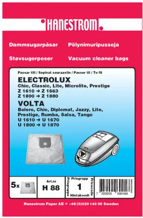 HANESTRÖM Dammsugarpåsar VOLTA U 1800- U 1870 H88