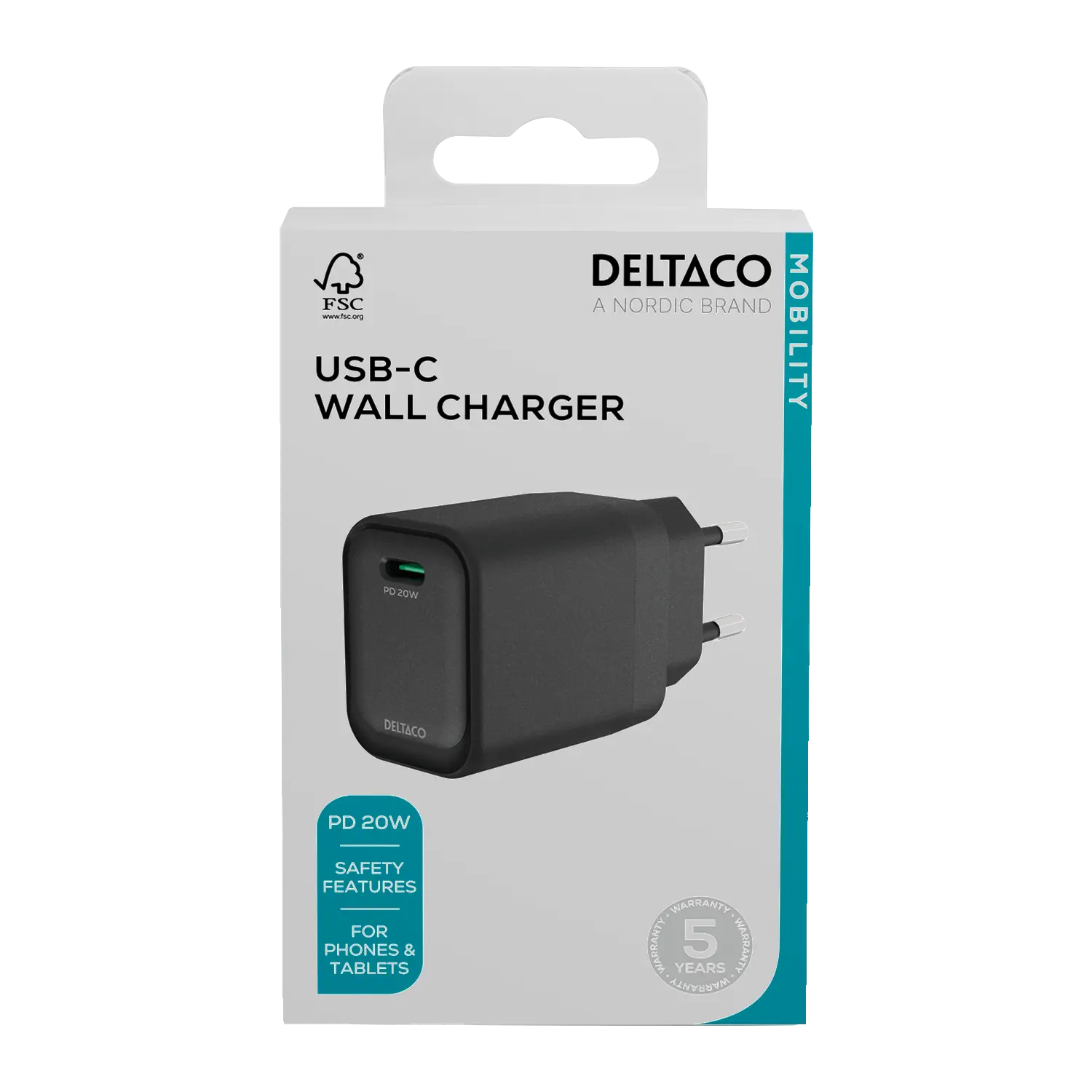 DELTACO USB-C wall charger, 1x USB-C PD, 20 W, black USBC-AC151 DELTACO USB-C wall charger, 1x USB-C PD, 20 W, black USBC-AC151