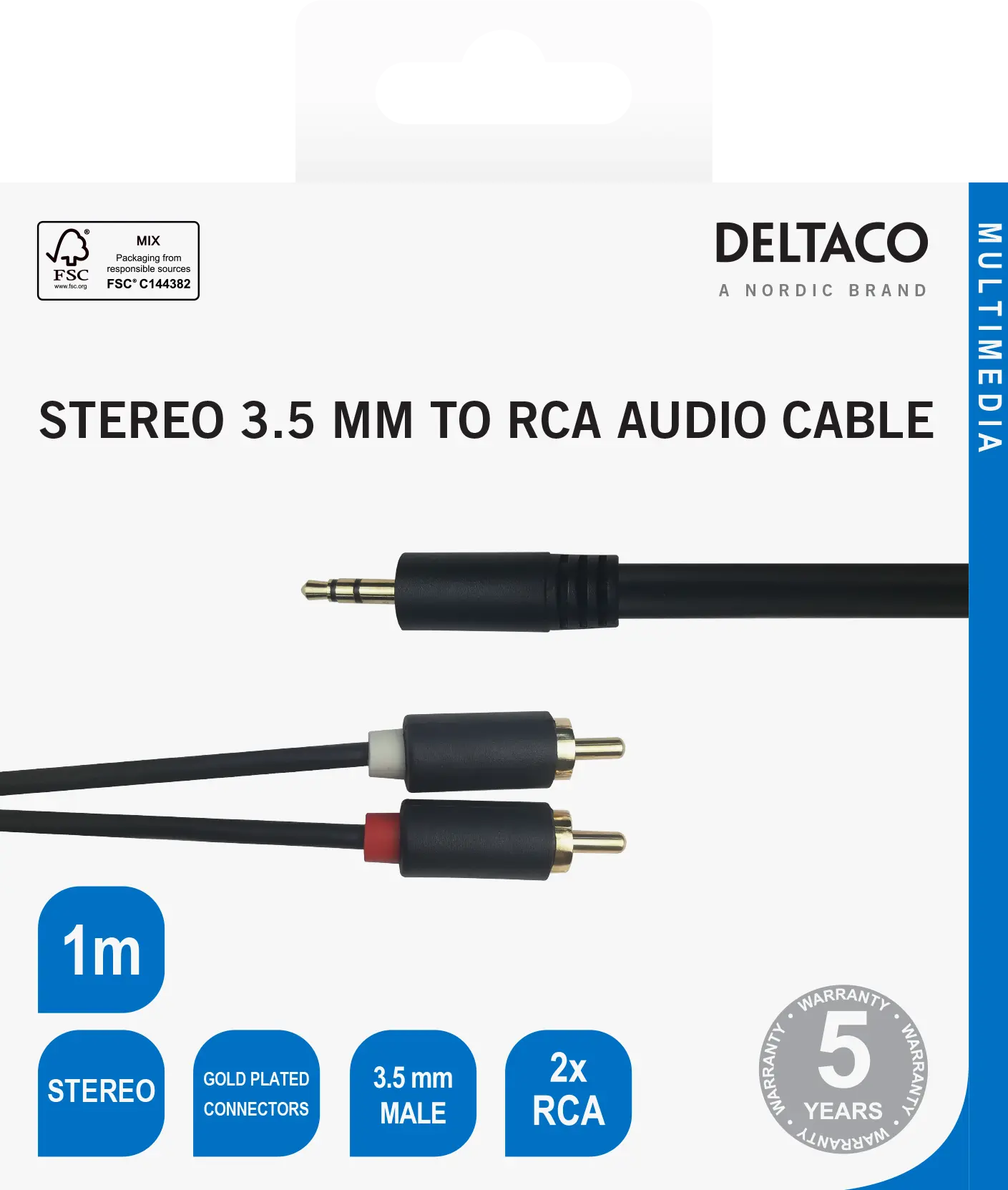 DELTACO Audio cable, 3.5mm male - 2xRCA male 1m, black 180003