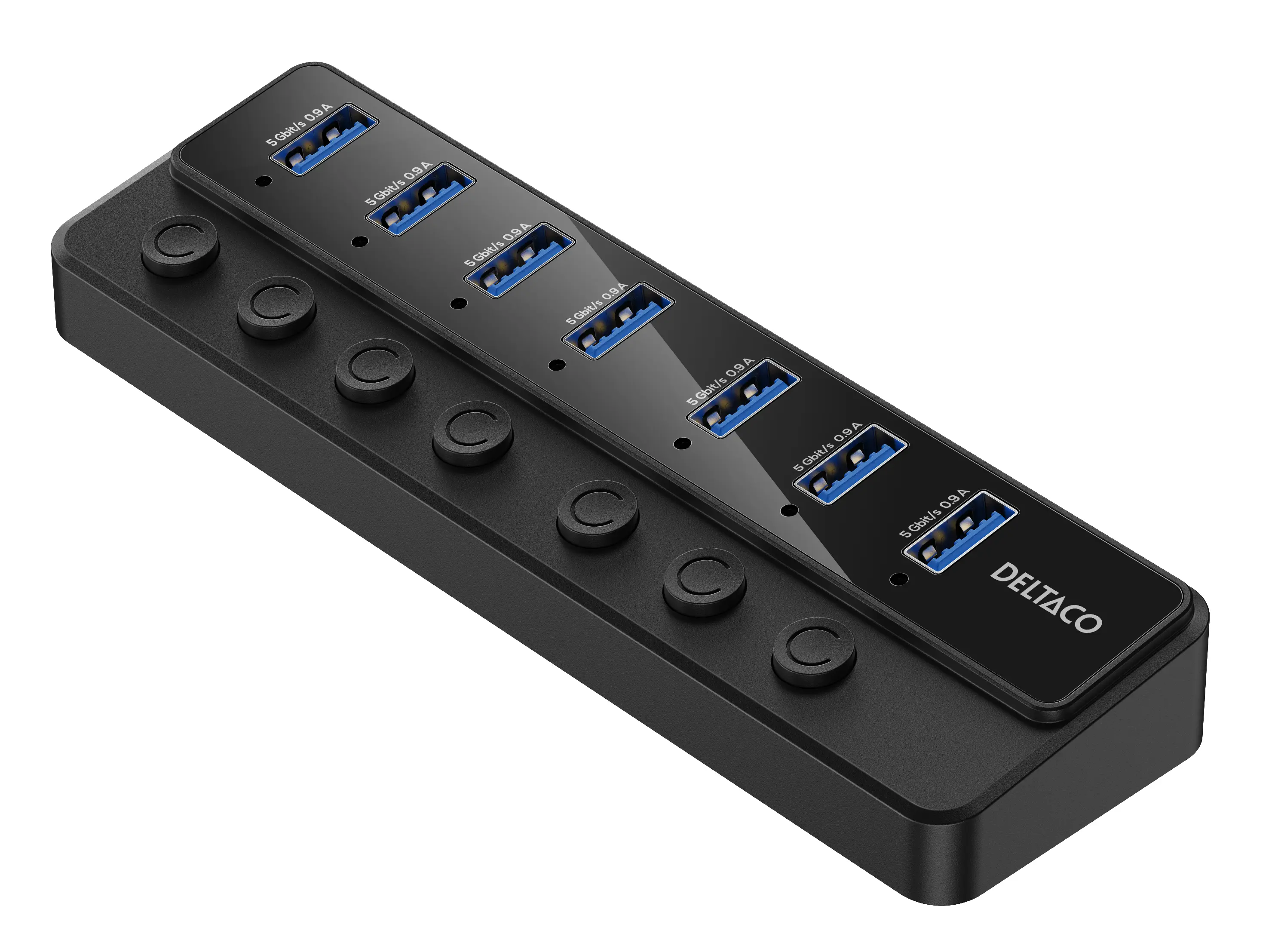 DELTACO USB-A hub, 7x USB-A ports, power switches, power supply, blk UH-739
