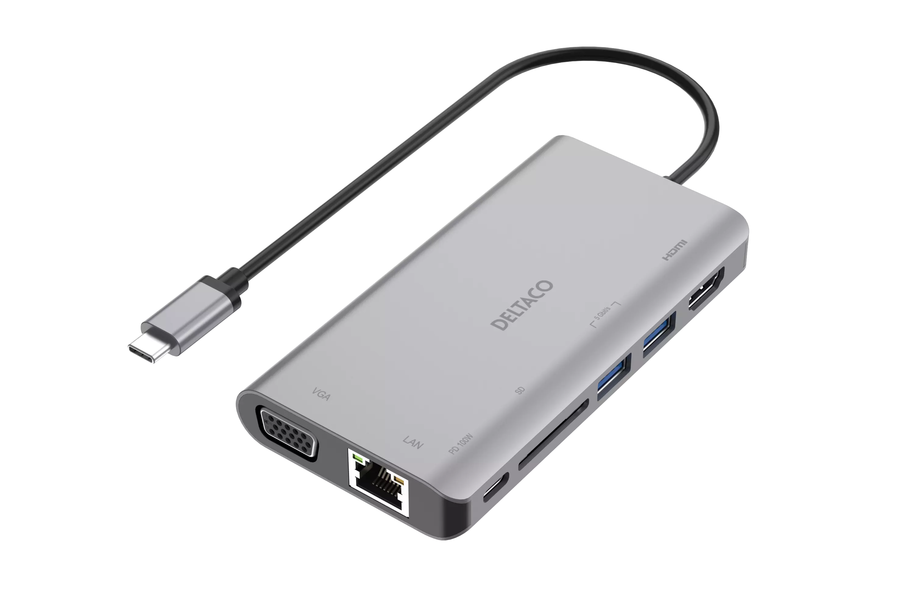 DELTACO USB-C docking station HDMI/VGA/2xUSB-A PD 3.0 spc grey USBC-HDMI18