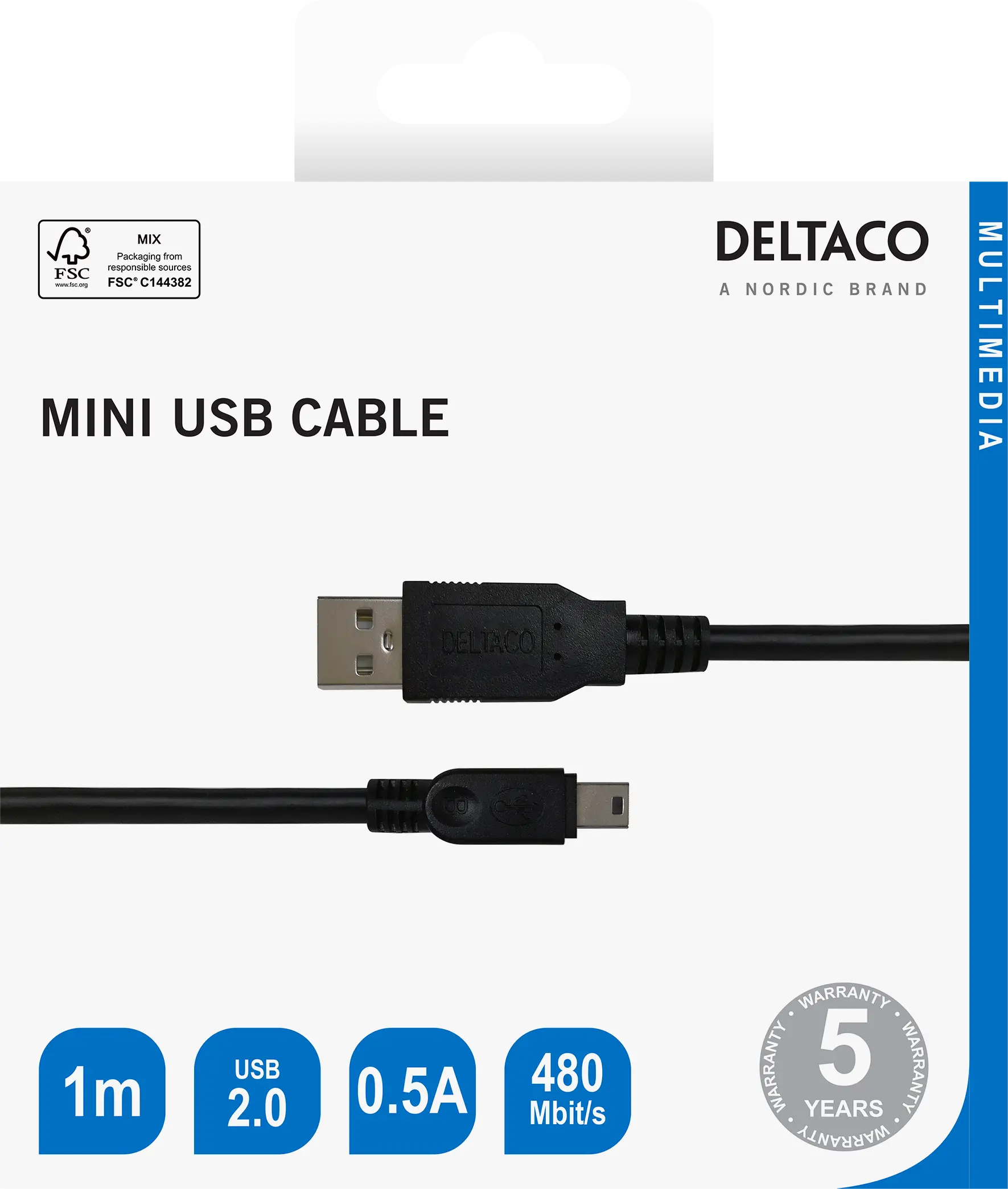 DELTACO USB 2.0 mini B cable, suitable for DSLR cameras, 1m black 140007