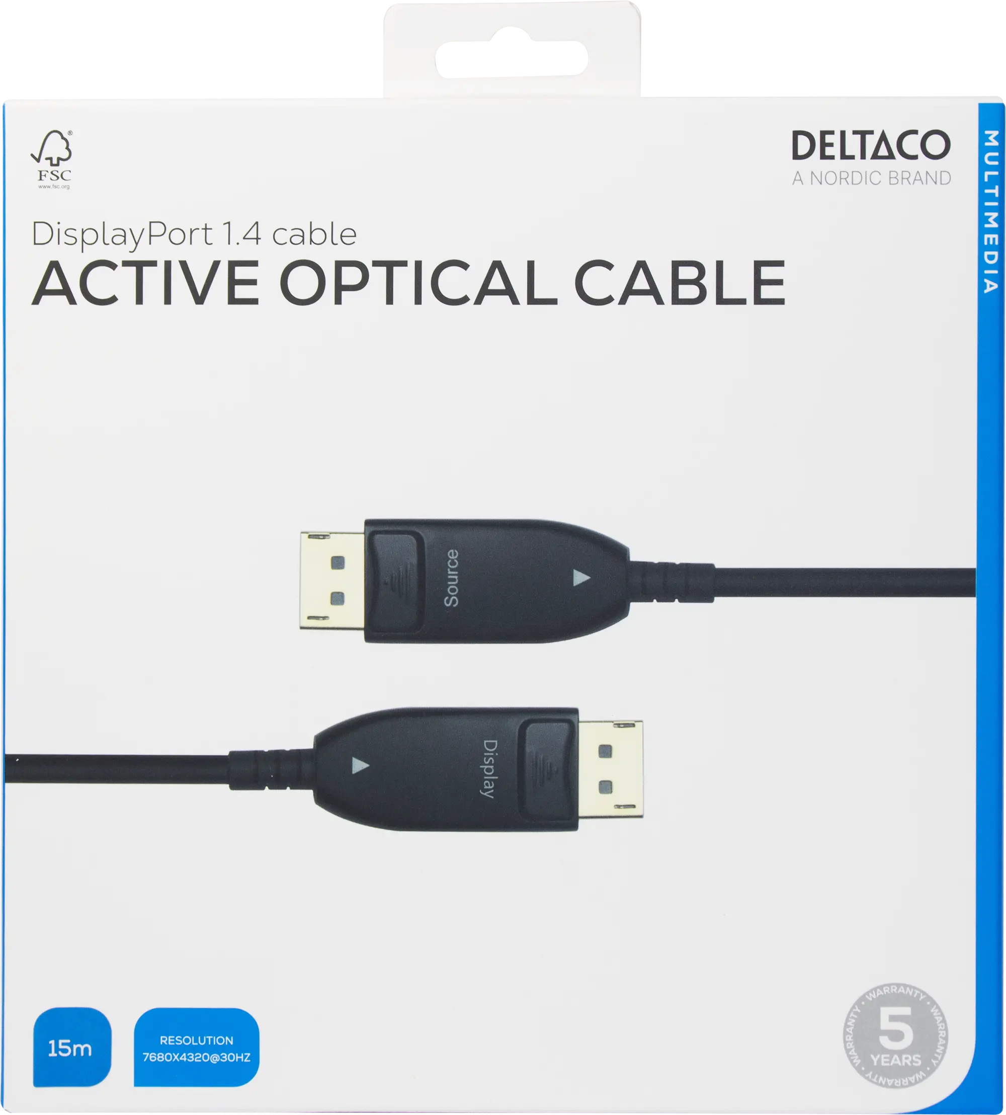 DELTACO Displayport 1.4 cable, AOC, 8K@30Hz, 15m, black DP-AOC15