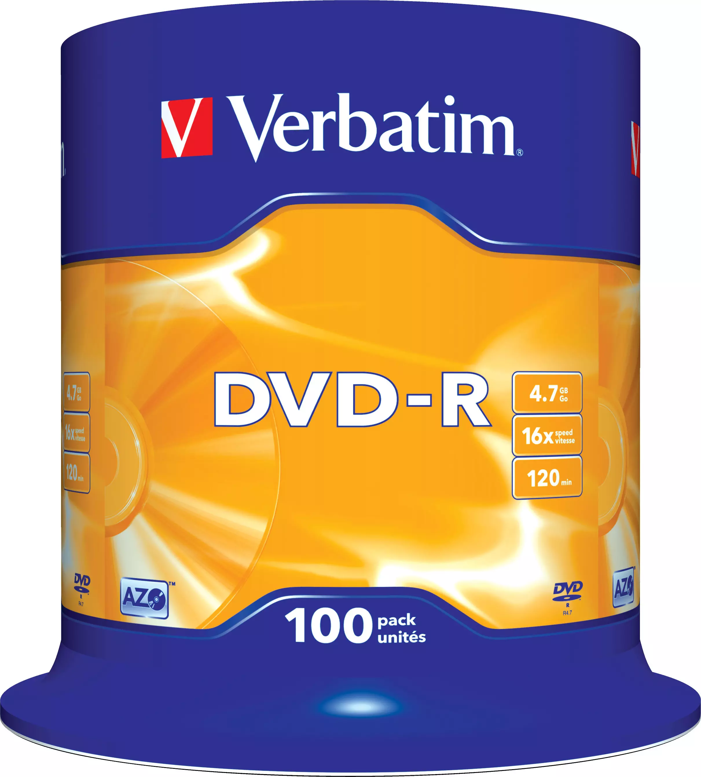VERBATIM 16x DVD-R disc 4,7GB 100-pack (Advanced AZO) Cake Box 43549