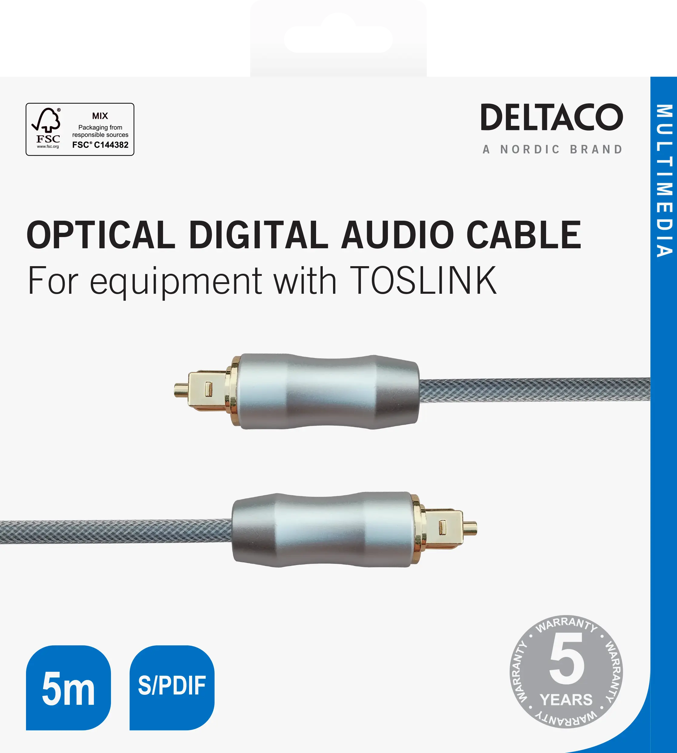 DELTACO High End Toslink Cable optical cable digital audio 5m black 190004