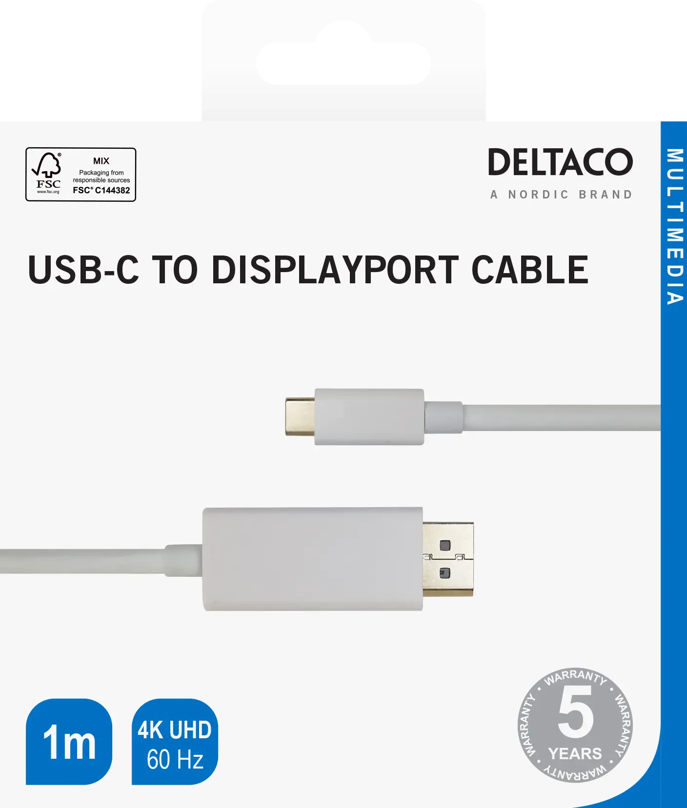 DELTACO USB-C - DisplayPort cable, 4K UHD, gold plated, 1m, white 140013