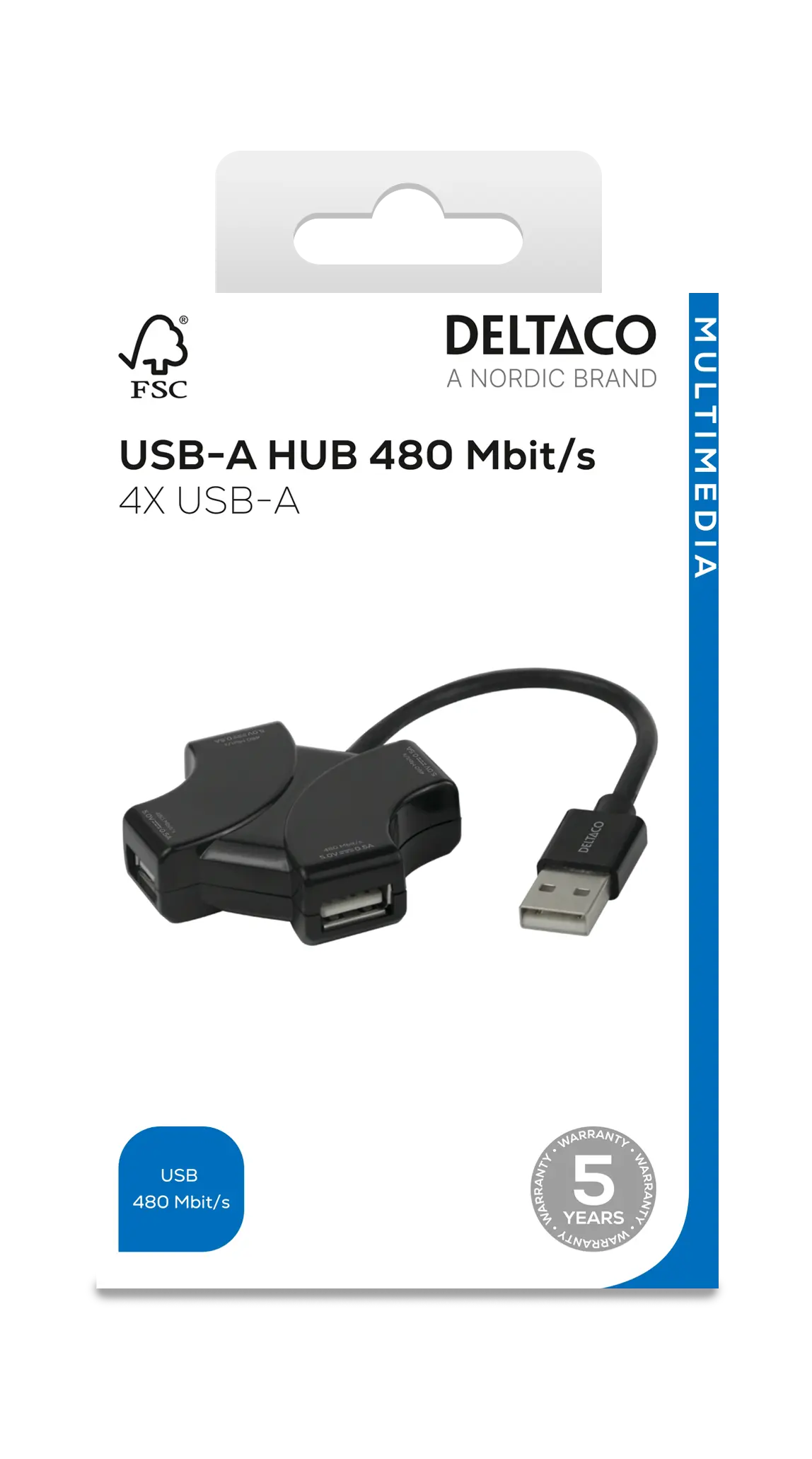 DELTACO USB-A hub, 480 Mbps, 4x USB-A, black UH-737