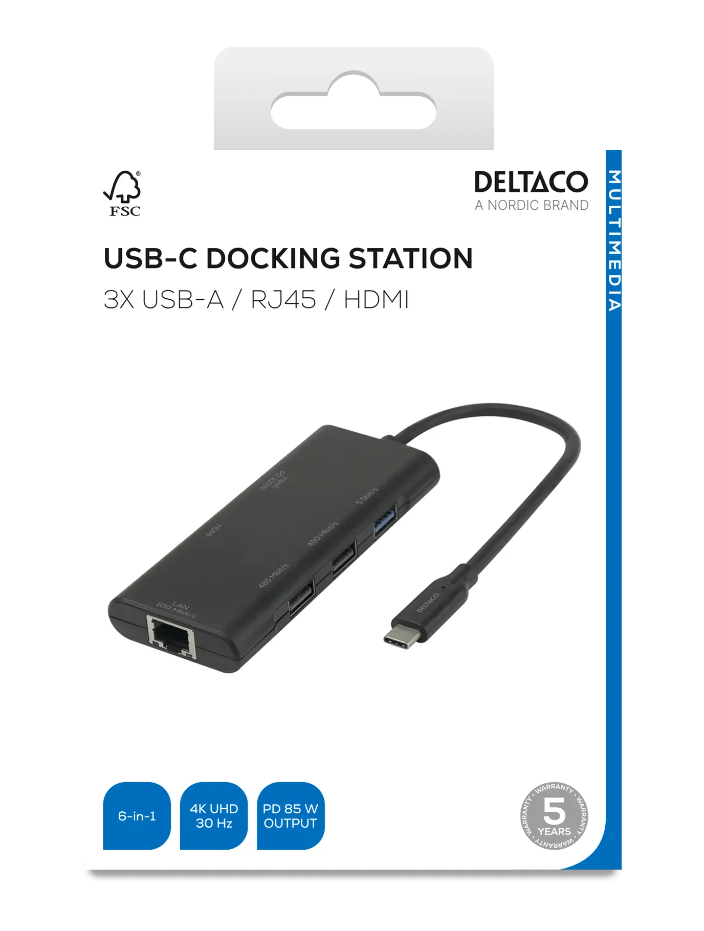 DELTACO USB-C docking station, single, 1x HDMI, 3x USB-A, RJ45 USBC-HDMI31