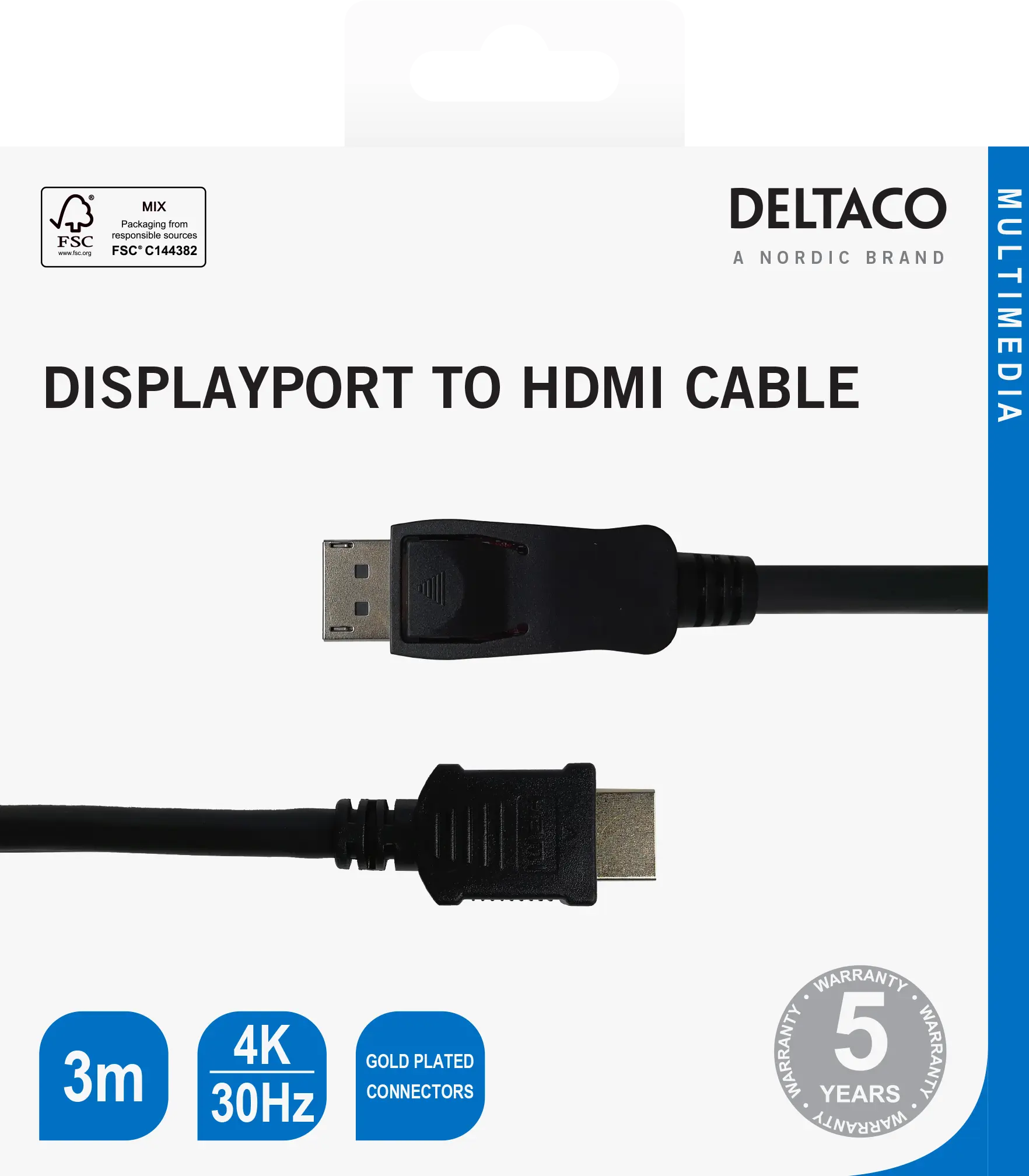 DELTACO DisplayPort to HDMI cable, 4K UHD, 3m, black 110013