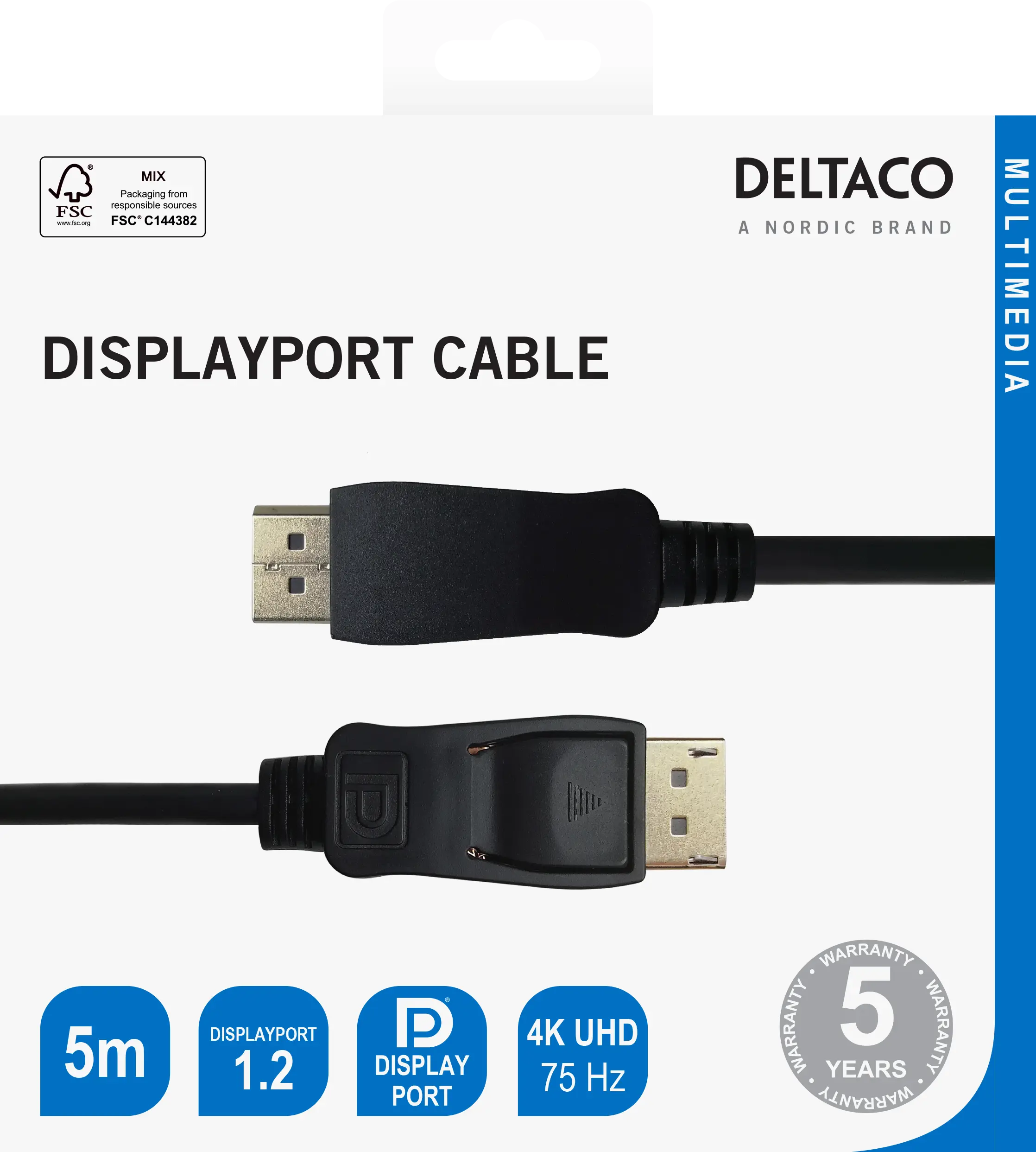 DELTACO DisplayPort cable, 4K UHD, 21.6 Gb/s, 5m, black 110004