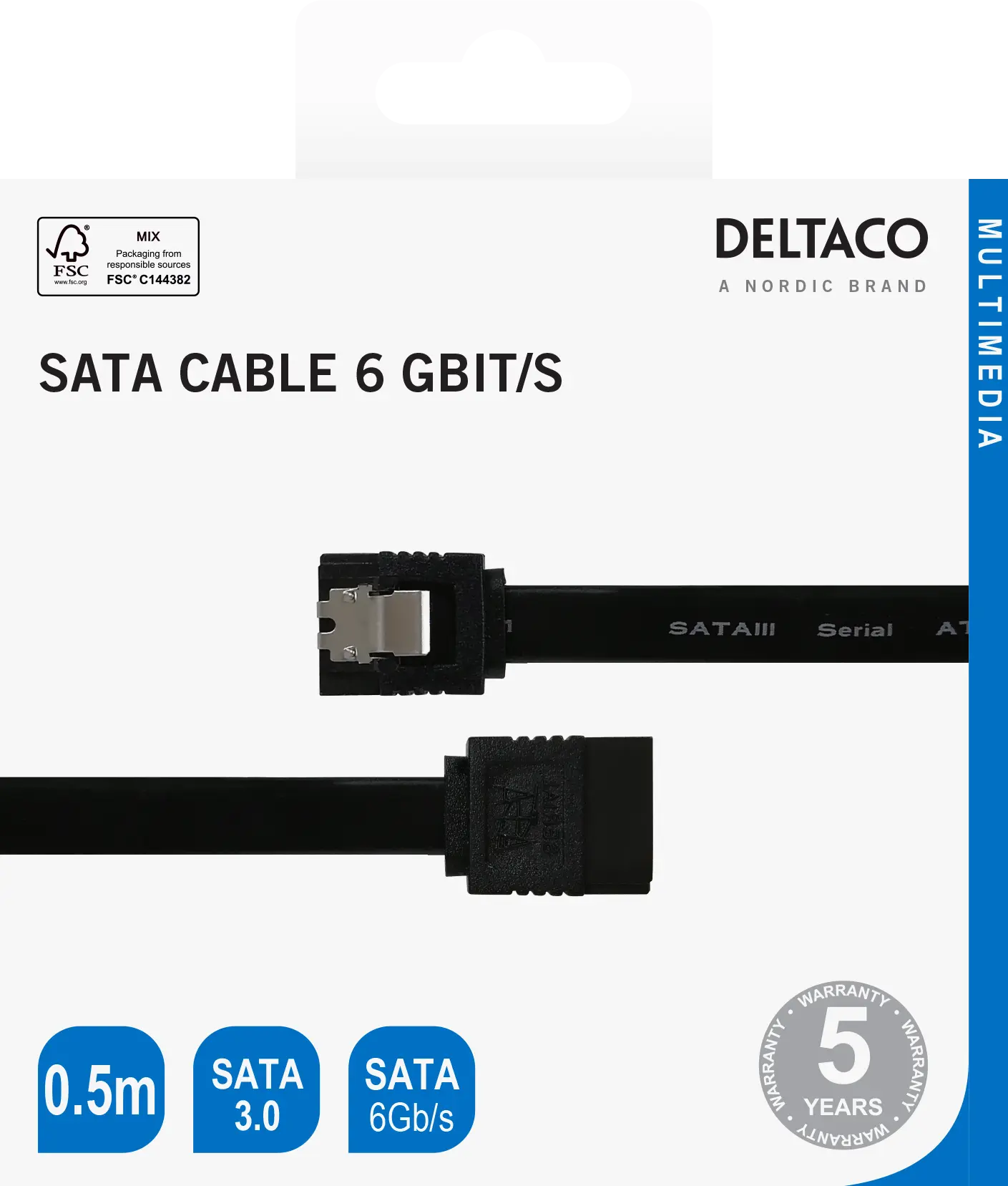 DELTACO SATA cable, SATA 3.0, 0.5m, black 200002